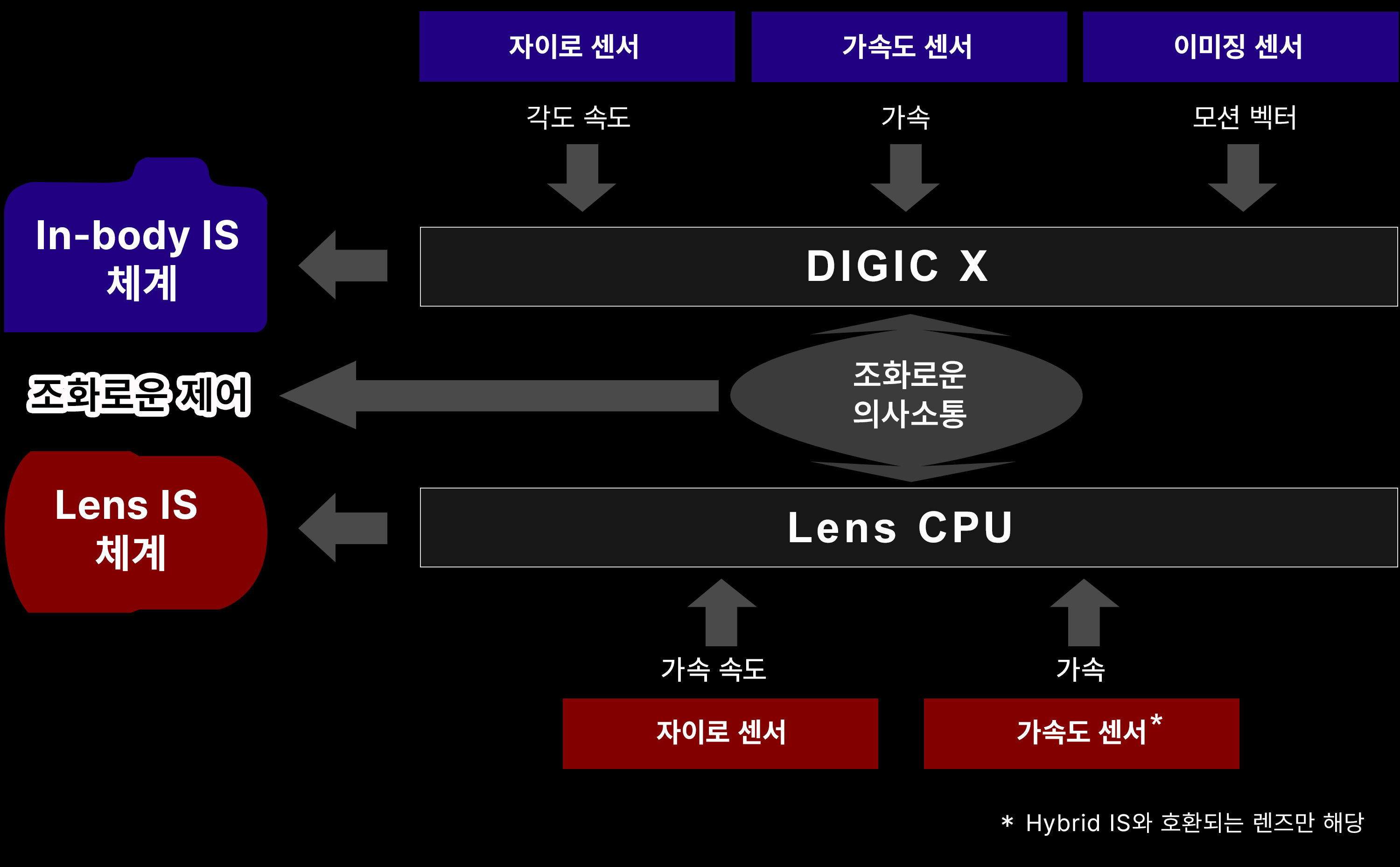 손떨림 보정의 효과 조화로운 의사소통, 조화로운 제어, 자이로 센서, 가속도 센서 (Hybrid IS와 호환되는 렌즈만 해당)